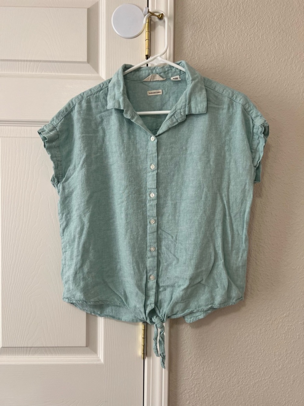 Light Teal Button-Down Tie-Hem Linen Top